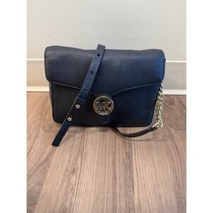 Michael Kors Black Pebbled Crossbody Bag with Gold Chain Strap Vanna Classic